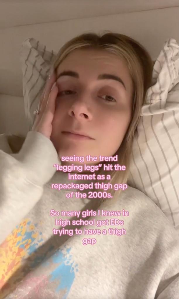 Katherine Kofoed on TikTok complaining about legging legs trend