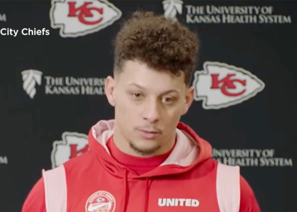  Kansas City Chiefs quarterback Patrick Mahomes speaks to the media before the NFL football team's practice Thursday, Jan. 25, 2024, in Kansas City, Mo. 