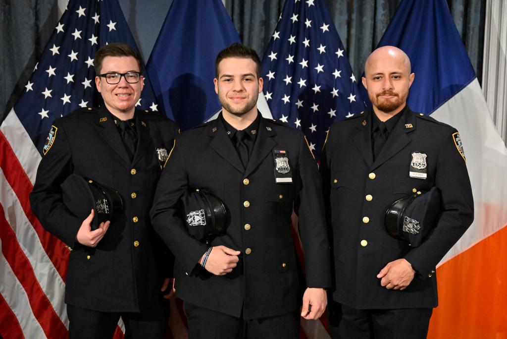 Mayor Adams honors three NYPD cops. Wednesday, April 5, 2023 PICTURED: left to right; officer Louis Iorio (33), officer Paul Cozzolino (23) and officer Mickel Hanna (28).