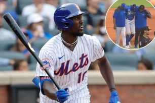 Mets infielder Ronny Mauricio gets a hit; inset: Mauricio is helped off the field after getting injured in the Dominican Winter League.