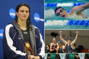 Lia Thomas composite image of her swimming and celebrating victories