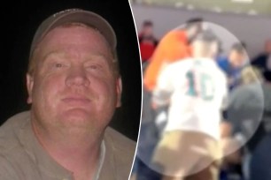 A composite image of the assault and the Patriots fan before his death.
