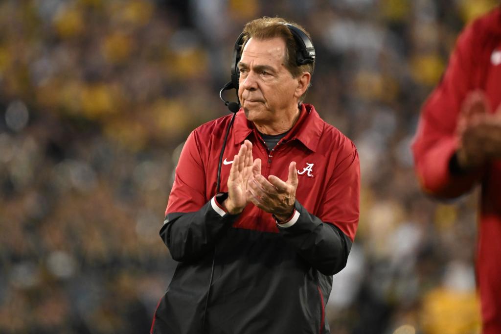 Alabama head coach Nick Saban reacts after running back Jase McClellan (2) scored a touchdown during the second half of the Rose Bowl CFP NCAA semifinal college football game against Michigan Monday, Jan. 1, 2024, in Pasadena, Calif. 