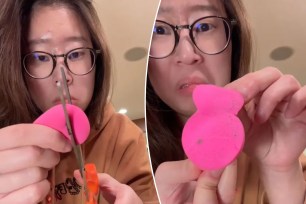 TikToker cutting open beauty blender sponge to reveal mold growth