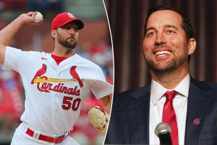 Adam Wainwright pitches for the Cardinals in 2023; Wainwright in front of a microphone