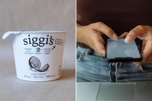 Two panels; one of Siggi's yogurt and one of a person typing on an iPhone