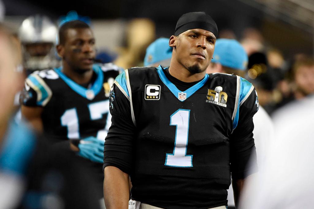 Carolina Panthers quarterback Cam Newton (1) looks pained as he walks the sideline while the Denver Broncos run the clock down in the fourth quarter in Super Bowl 50 at Levi's Stadium in Santa Clara, CA, USA, on Sunday, February 7, 2016. The Broncos won, 24-10. 