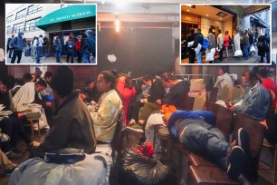 Migrants sitting in chairs inside the Roosevelt Hotel.