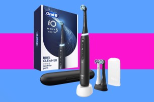 Oral-B iO Series 5 Limited Rechargeable Electric Powered Toothbrush on a blue and pink background.