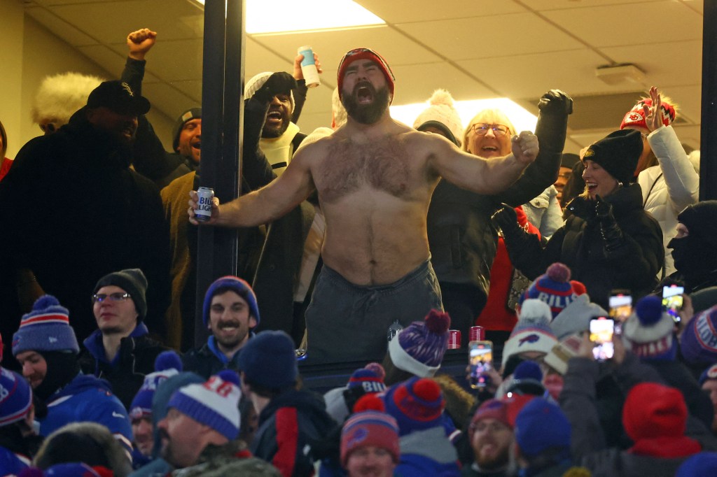 Eagles center Jason Kelce reacts after the Kansas City Chiefs score against the Buffalo Bills during the first half for the 2024 AFC divisional-round game at Highmark Stadium on Jan. 21, 2024.
