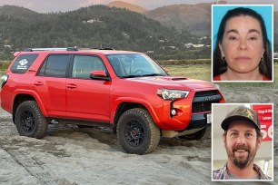 Analiesa Golde, 55 (top right), is wanted on a charge of second-degree murder in the killing of her husband, Phillip Pierce, 37 (bottom right), who was found shot dead at the couple's home in Portland, Oregon. Cops say Golde may be driving an orange Toyota 4Runner (center)