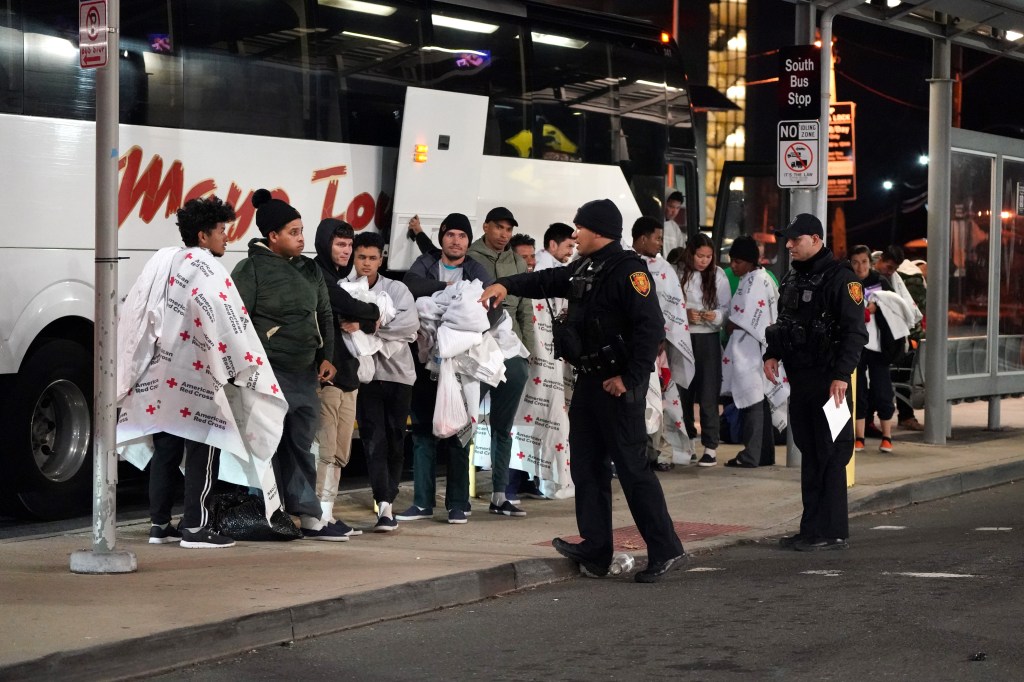 Migrants from the southern border being dropped of by a charter bus at Trenton Transit Center in Trenton, NJ on January 4, 2024.