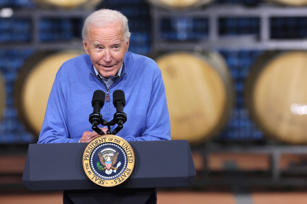 President Joe Biden delivering a speech at Earth Rider Brewery