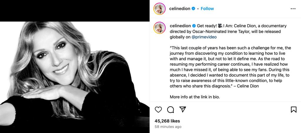 Celine Dion posted this message on Instagram regarding her Stiff Person Syndrome and a new Prime Video documentary chronicling her battle with the disease.