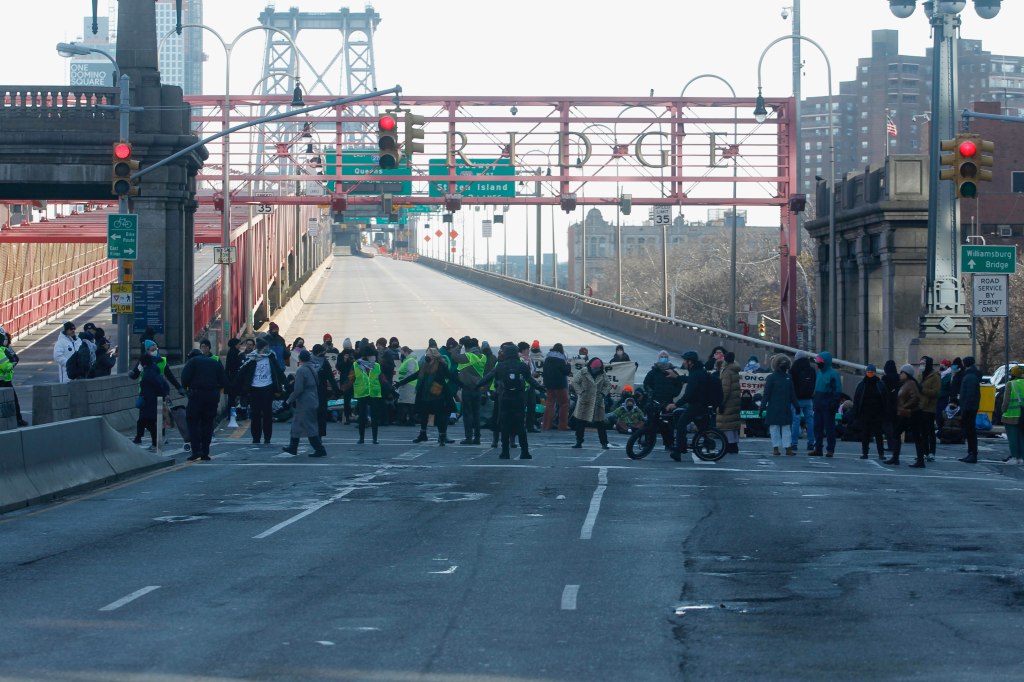 Protestors block the Manhattan side of the Williamsburg Bridge.