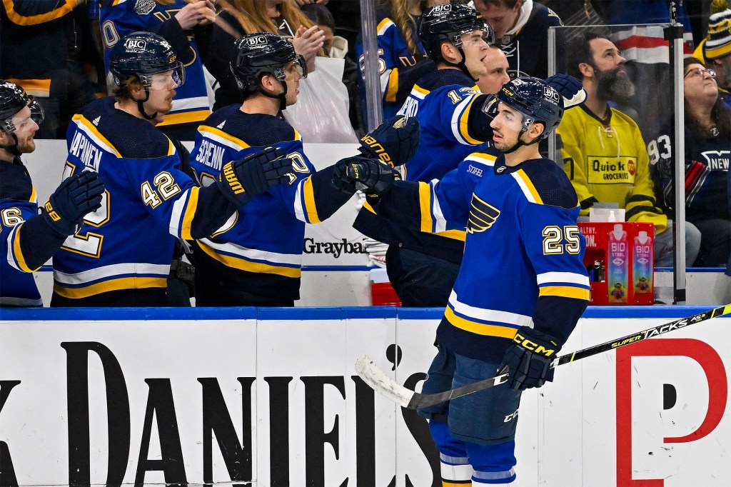 Jordan Kyrou scored two first-period goals for the Blues on Thursday against the Rangers.