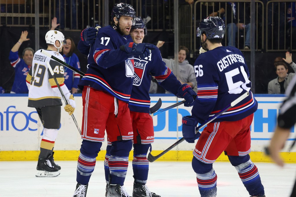 Blake Wheeler celebrates his goal for the Rangers on Friday against the Golden Knights.