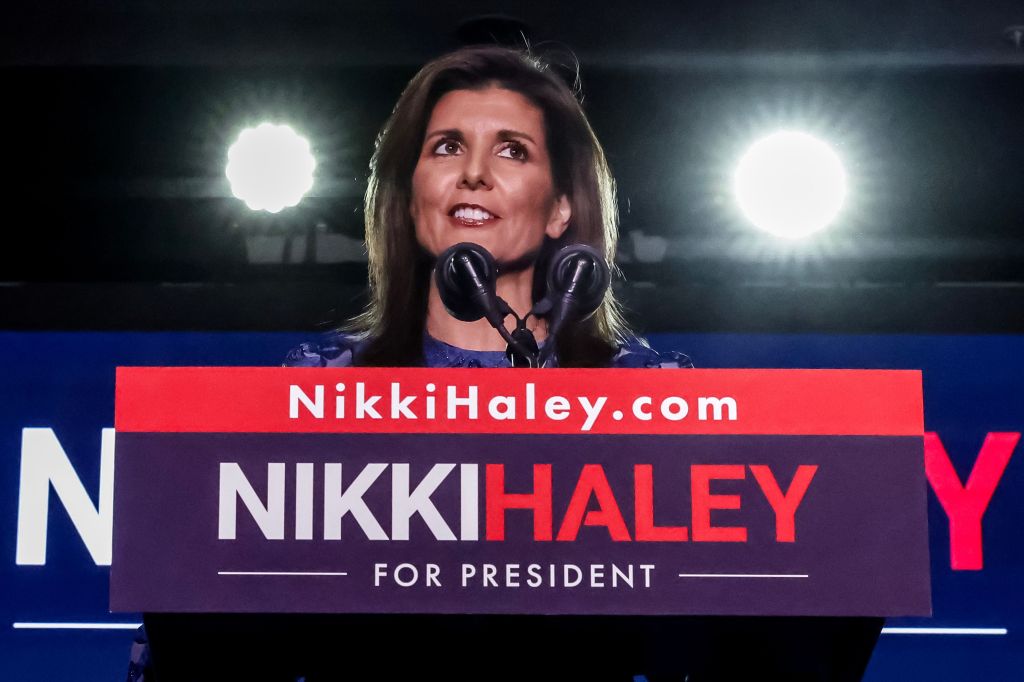 Nikki Haley speaks to supporters at the Grappone Conference Center on Primary Election Day in Concord, New Hampshire.