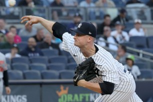 New York Yankees starting pitcher Clarke Schmidt (36) throws a pitch during the first inning when the New York Yankees played the Baltimore Orioles Thursday, May 25, 2023 at Yankee Stadium in the Bronx, NY.