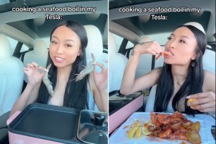 An influencer made a hot shrimp meal inside of her all white Tesla.