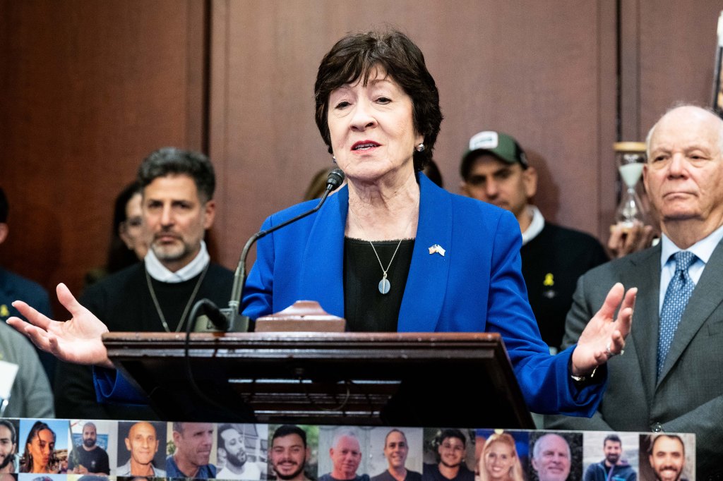 U.S. Senator Susan Collins (R-ME) speaking at a press conference with the families of hostages held by Hamas at the U.S. Capitol.