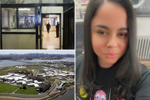 Photo shows former correction officer Yessica Delacruz, guards inside rikers, an aerialshot of rikers