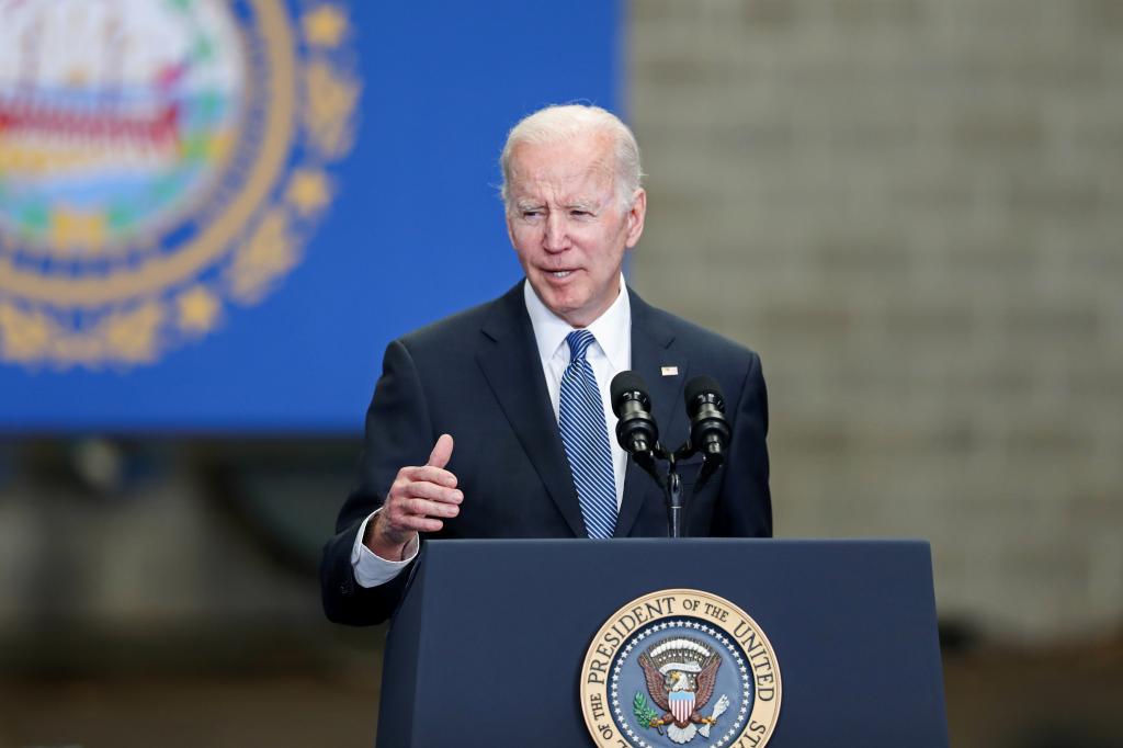 PORTSMOUTH, NH - APRIL 19:  U.S. President Joe Biden delivers remarks on the bipartisan infrastructure law on April 19, 2022 in Portsmouth, New Hampshire.