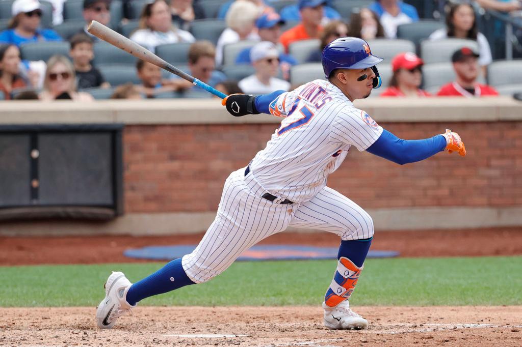 New York Mets third baseman Mark Vientos connects on RBI single against the Cincinnati Reds in the fifth inning at Citi Field in Queens, New York, Sunday, September 17, 2023. 