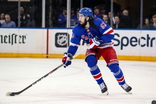 Mika Zibanejad, pictured earlier this month against the Hurricanes, was a late scratch before the Rangers' game against the Blues on Thursday.