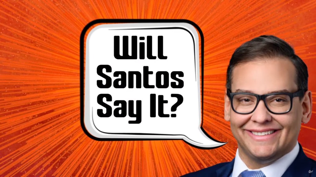 Screenshot from Kimmel's segment "Will Santos Say It?" featuring George Santos' face. 