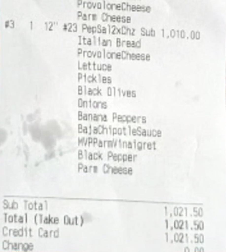 Bishop shared her receipt with ABC 6. It shows that she was charged $1,010 for a singular sandwich, which typically goes for as little as $6.50.