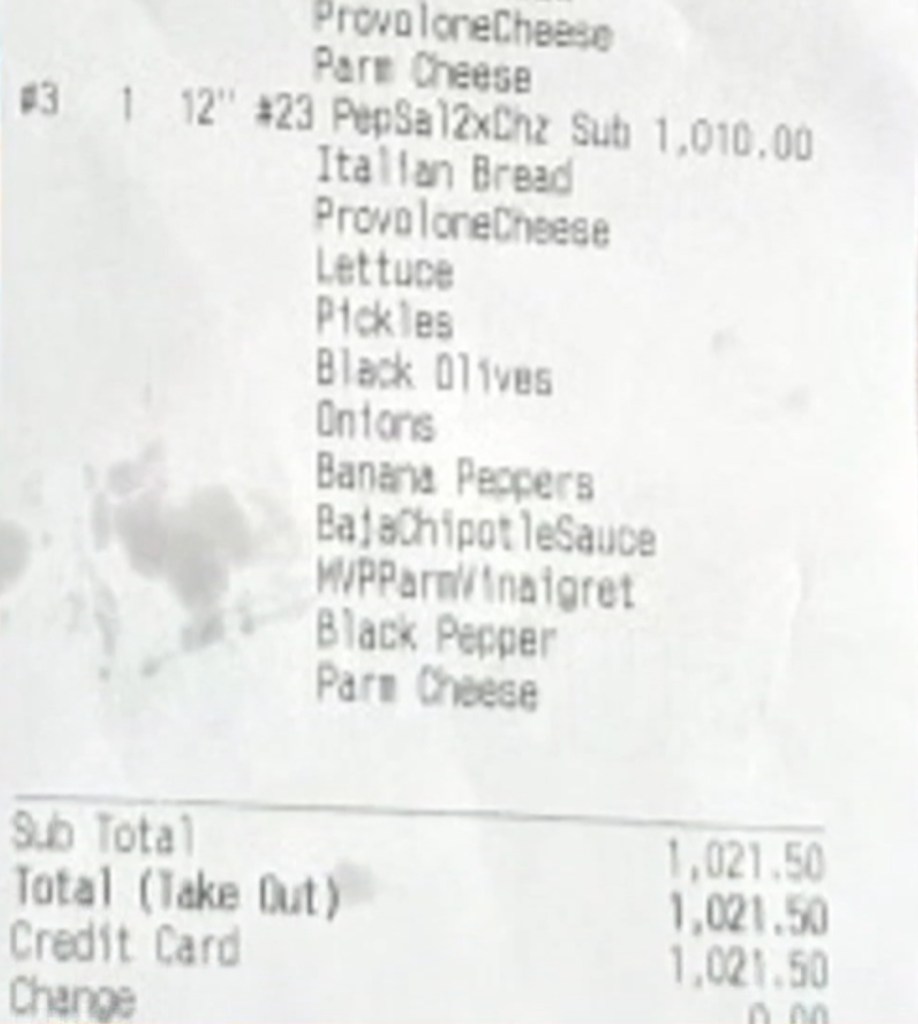 Bishop shared her receipt with ABC 6. It shows that she was charged $1,010 for a singular sandwich, which typically goes for as little as $6.50.