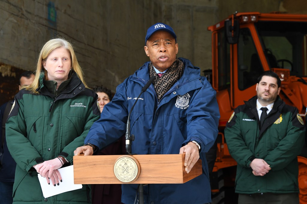 Mayor Eric Adams holds a press conference at the city's westside salt and sand depot.