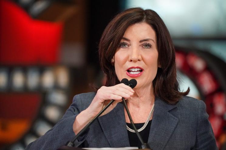 Governor Kathy Hochul giving a speech at Google's ribbon cutting ceremony.