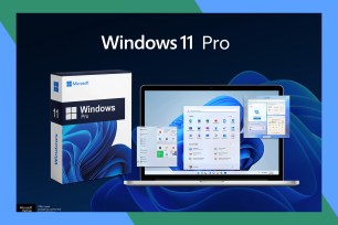 Promo image for Windows 11 Pro surrounded by a colorful border.