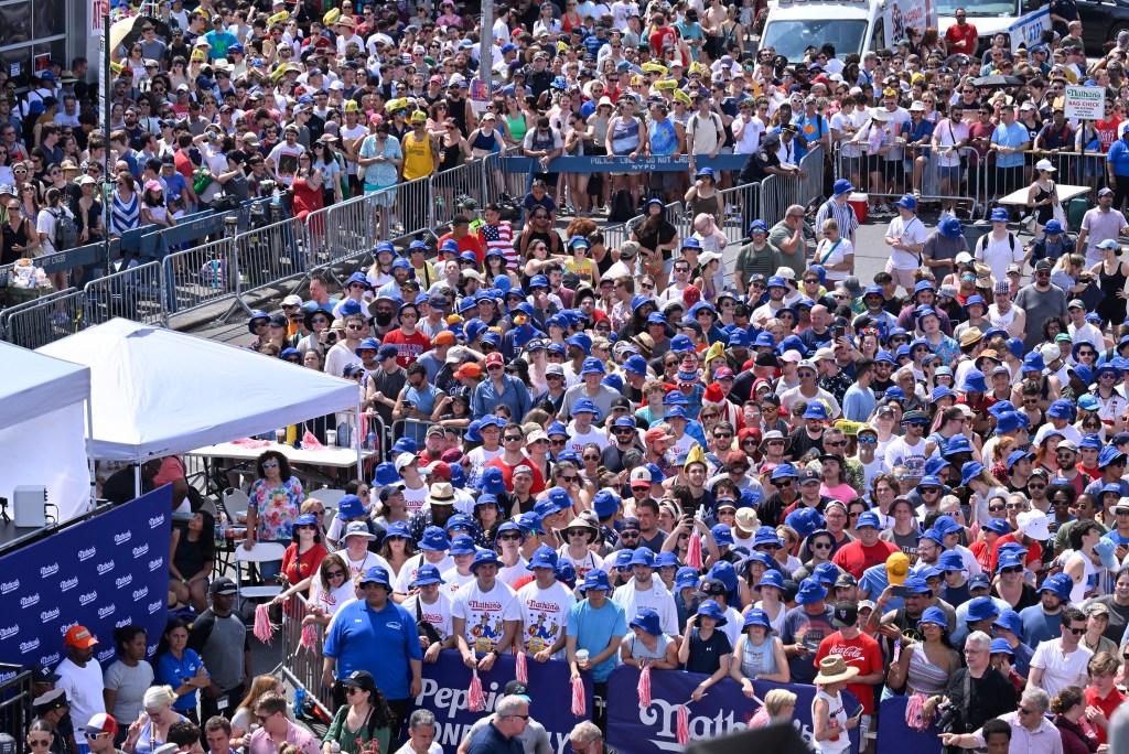 Thousands of fans pack in to watch Joey Chestnut in the Nathan's Hot Dog Eating Contest on July 4, 2023. 