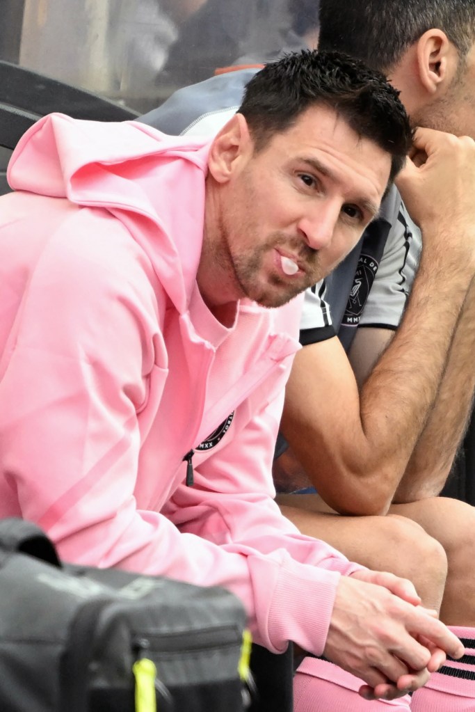 Miami's Argentine forward Lionel Messi looks on from the bench during the friendly football match between Hong Kong XI and US Inter Miami CF in Hong Kong on Feb. 4, 2024.