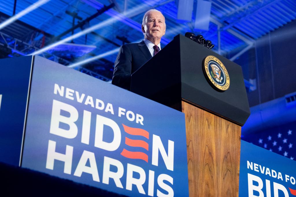 President Joe Biden speaks during a campaign rally at Pearson Community Center in Las Vegas, Nevada, on February 4, 2024. 