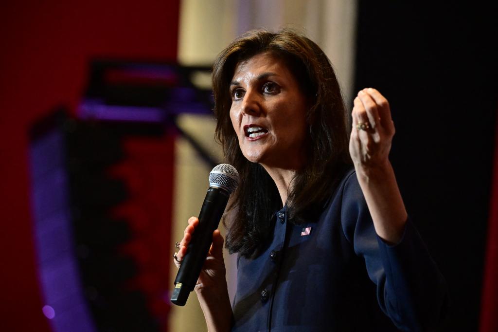 Nikki Haley speaking into a microphone at Hollywood American Legion Post 43 during a rally in Los Angeles, California on February 7, 2024.