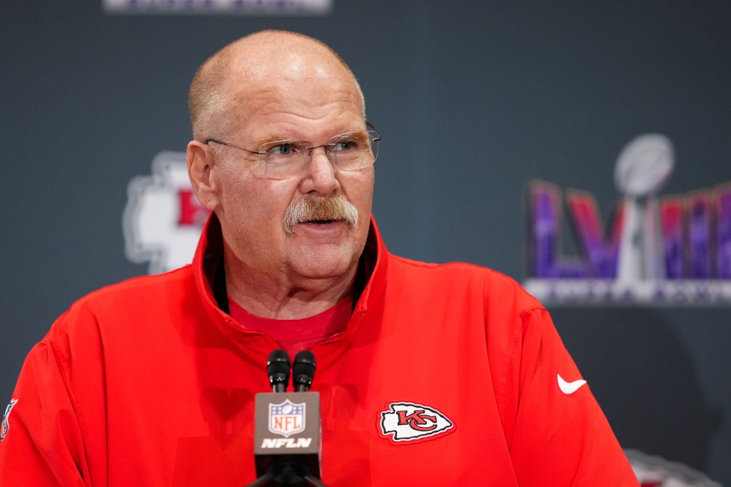 Head coach Andy Reid of the Kansas City Chiefs speaking to media at Super Bowl LVIII media availability in Henderson, Nevada.