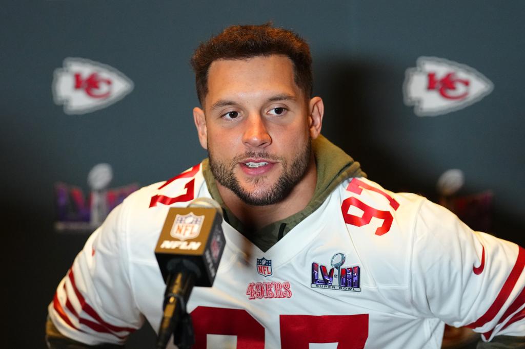 Nick Bosa #97 speaks to media during San Francisco 49ers media availability ahead of Super Bowl 2024 at Hilton Lake Las Vegas Resort and Spa.