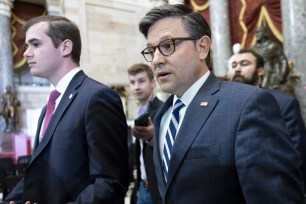 Mike Johnson, U.S. Speaker of the House, talks to reporters in Washington, DC.