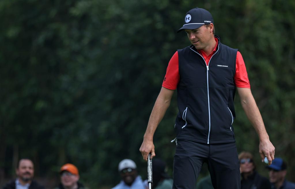 Jordan Spieth of United States reacting to birdie putt on 1st green during Genesis Invitational Round Two at Riviera Country Club in Pacific Palisades, California.