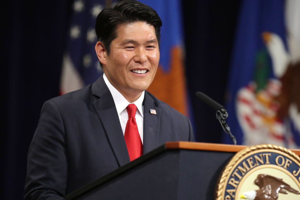 Robert Hur giving a speech during Deputy Attorney General Rod Rosenstein's farewell ceremony at the Robert F. Kennedy Main Justice Building in Washington, DC.