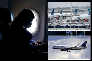 Three stock photos: One person sitting on a place wearing a medical-style protective mask; a set of JetBlue planes and a plane in the sky.