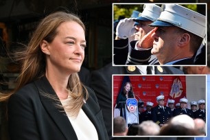 fdny commissioner Laura Kavanaugh, fdny chiefs in formal white hats and gloves saluting; kavanaugh at a podium