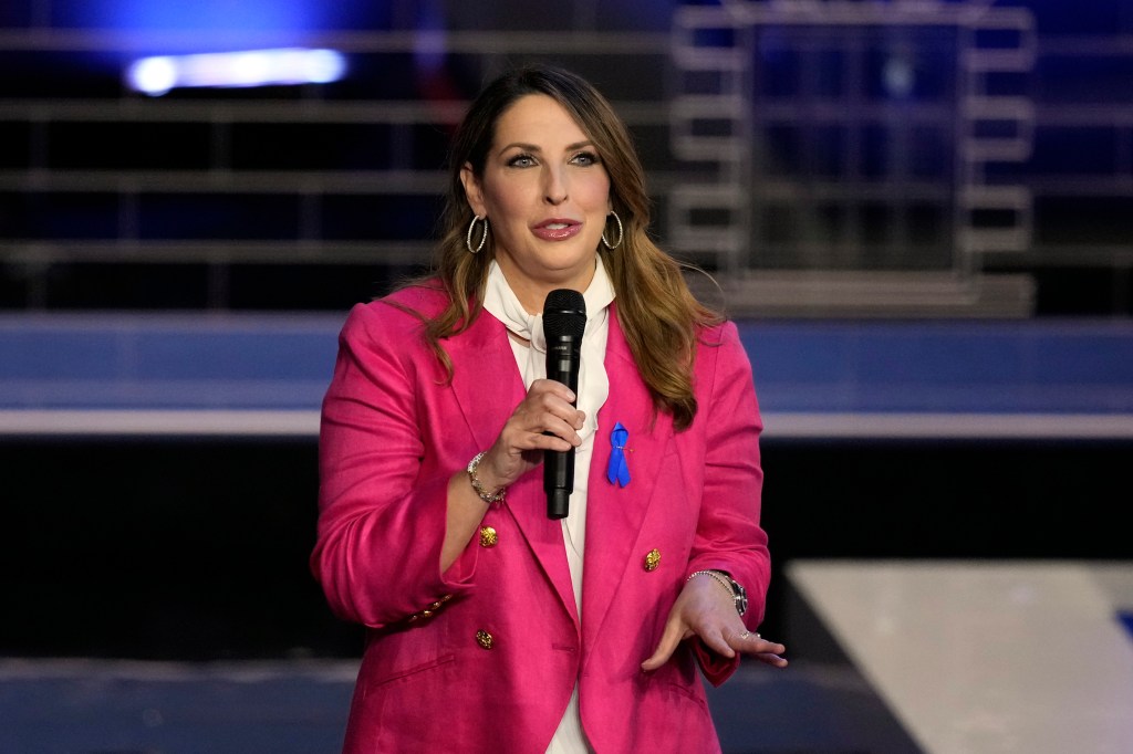 Republican National Committee Chair Ronna McDaniel speaks before a Republican presidential primary debate hosted by NBC News, Nov. 8, 2023