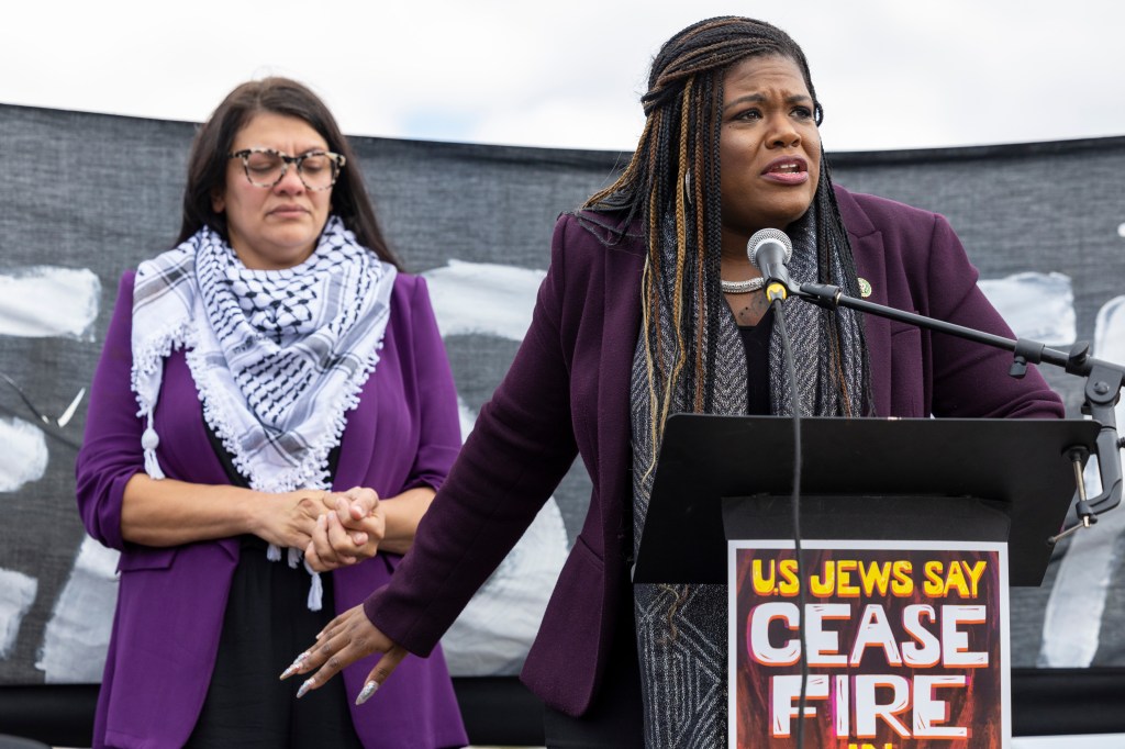 Cori Bush and Rashida Tlaib speaking at a demonstration protesting Israel's bombing of Gaza in 2023.