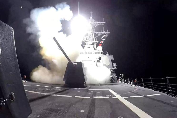 A missile is launched from the US Navy destroyer USS Gravely against Houthi military targets in Yemen.