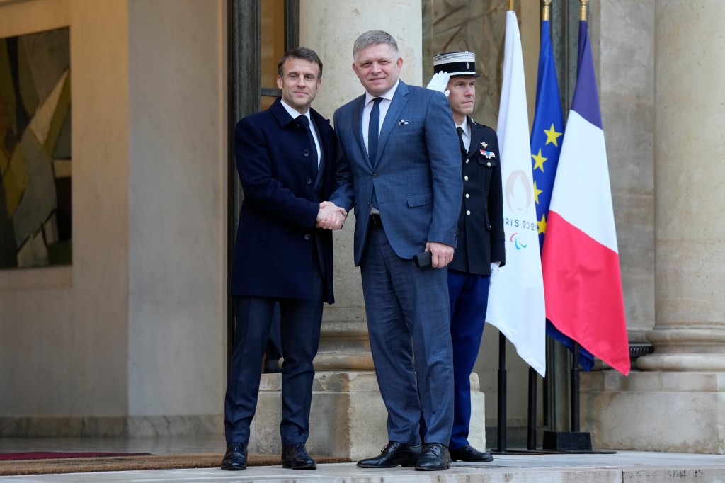 French President Emmanuel Macron, left, welcomed Fico at a Paris summit aimed at showing a united front against Russia's invasion of Ukraine.
